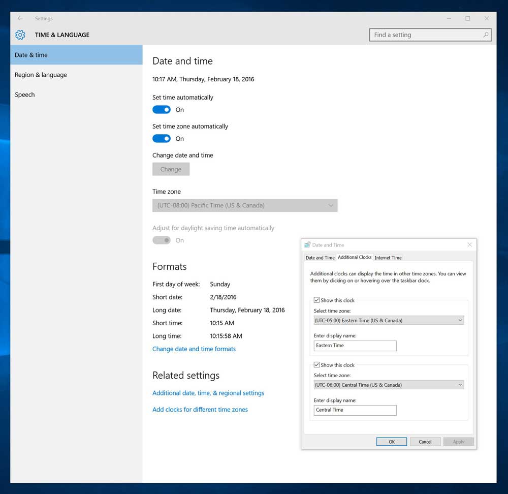 Microsoft Windows 10 timezones settings