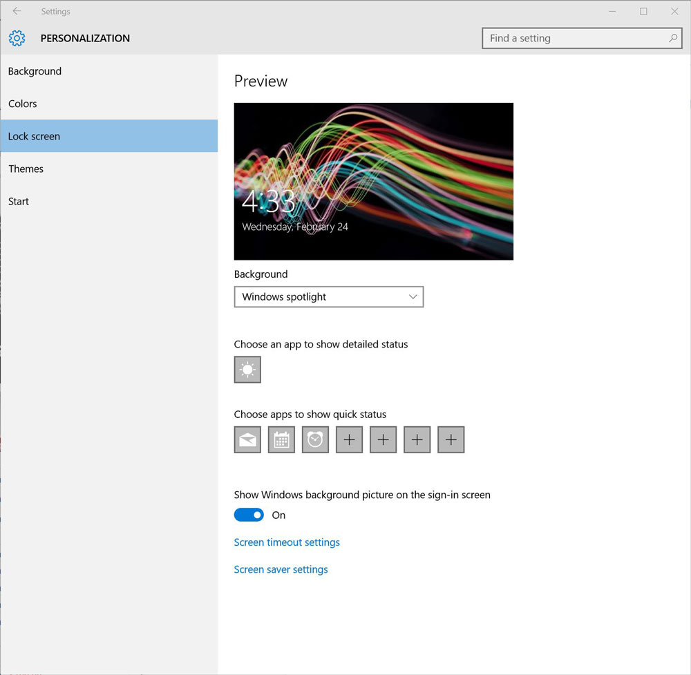 windows 10 Lock Screen settings, Spotlight