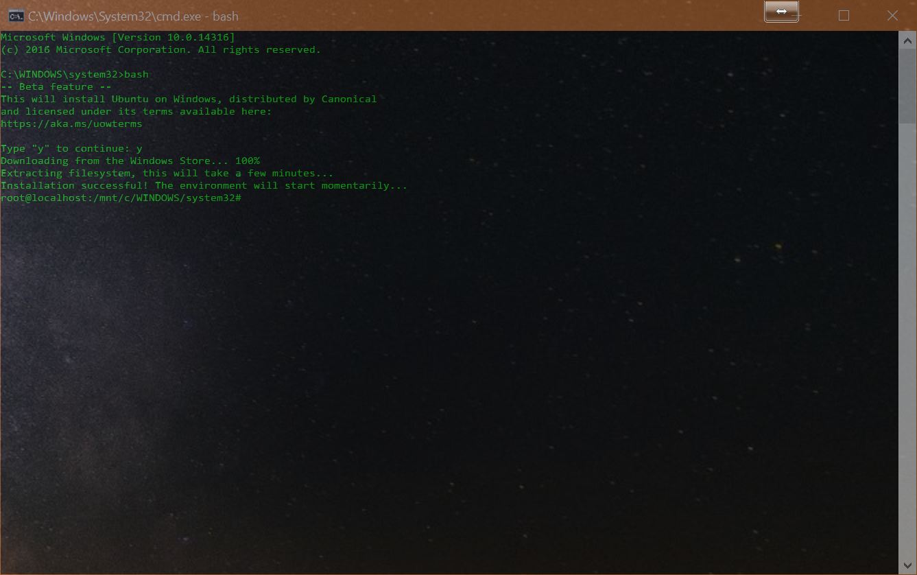 Experiment with bash in Windows 10