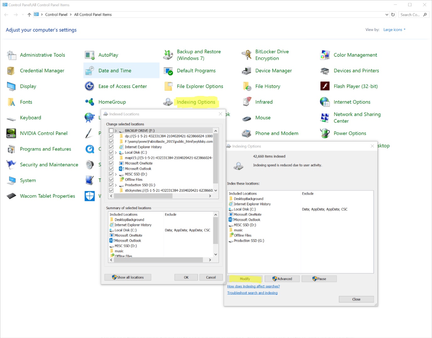 Indexing options control panel 32 бита не открывается windows 10